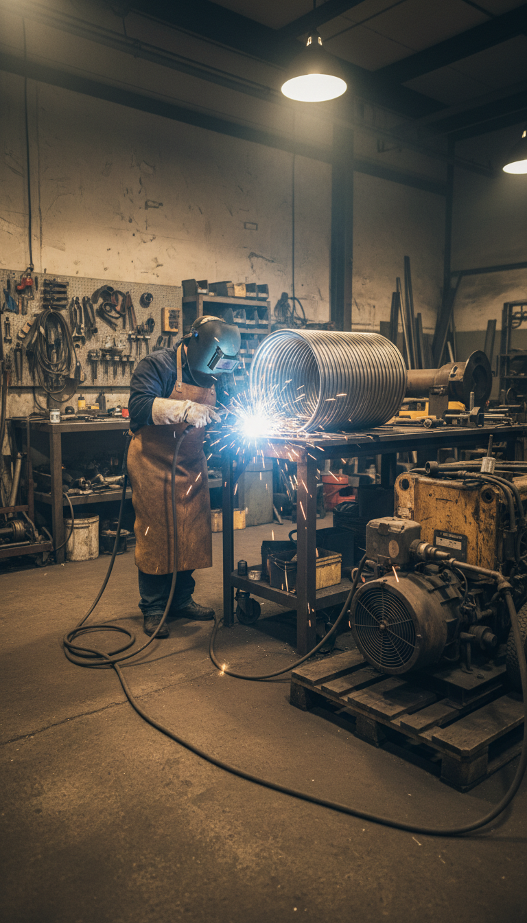 A welder working on a pressure washer coil in a workshop, sparks flying, realistic industrial setting